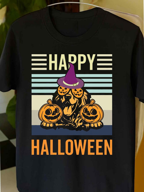 Men's Graphic T-Shirt Happy Halloween Striped Background With Pumpkins And Witch Hat Dog