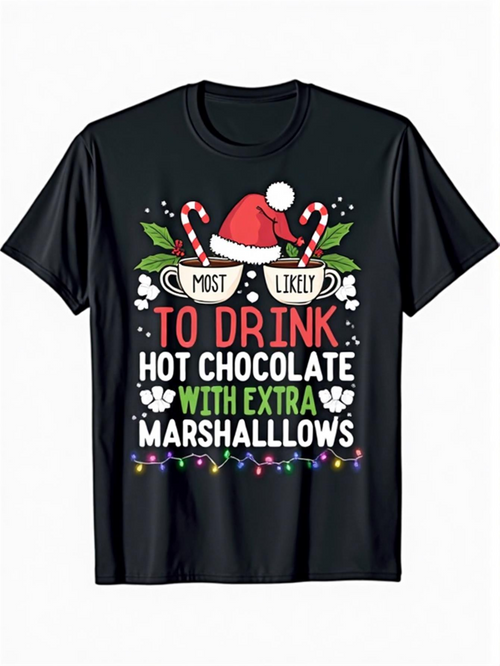 Men's Graphic T-Shirt Festive Santa Hat With Candy Canes Hot Chocolate Mug Surrounded By Lights