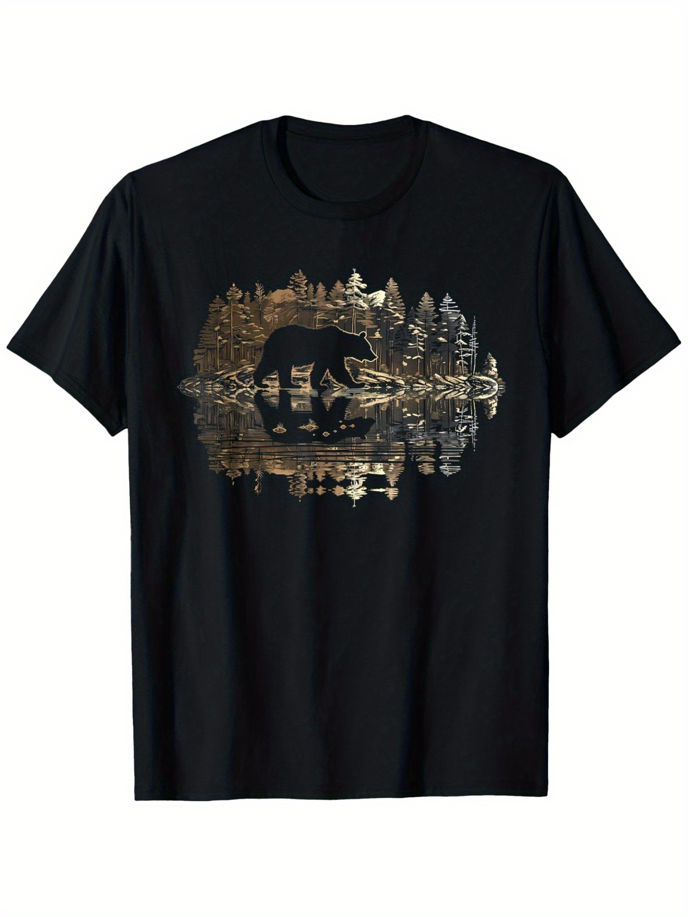 Men's Graphic T-Shirt Wilderness Reflections With Walking Bear Among Golden Pine Trees