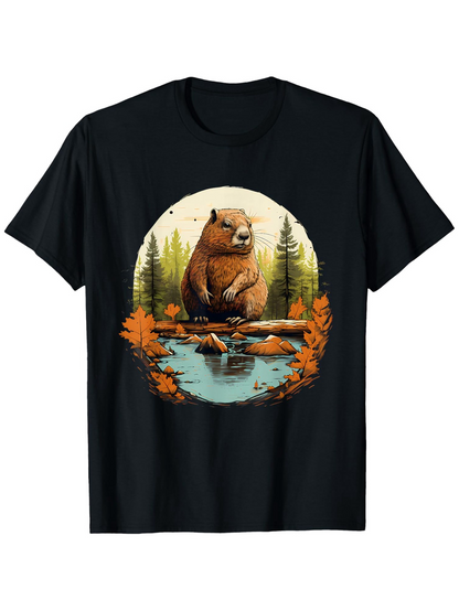 Men's Graphic T-Shirt Peaceful Autumn Lake With Reflections Surrounding A Solitary Brown Bear