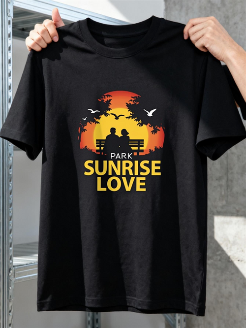 Men's Graphic T-Shirt Park Sunrise Love Silhouetted Couple Under Orange Sunrise With Flying Birds