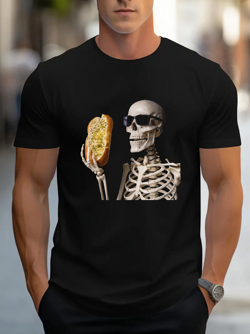 Men's Graphic T-Shirt Humorous Scene With Skeleton Holding Tasty Cheesy Sandwich