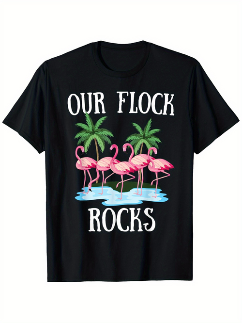 Men's Graphic T-Shirt Our Flock Rocks Pink Flamingos By Palm Trees On Water