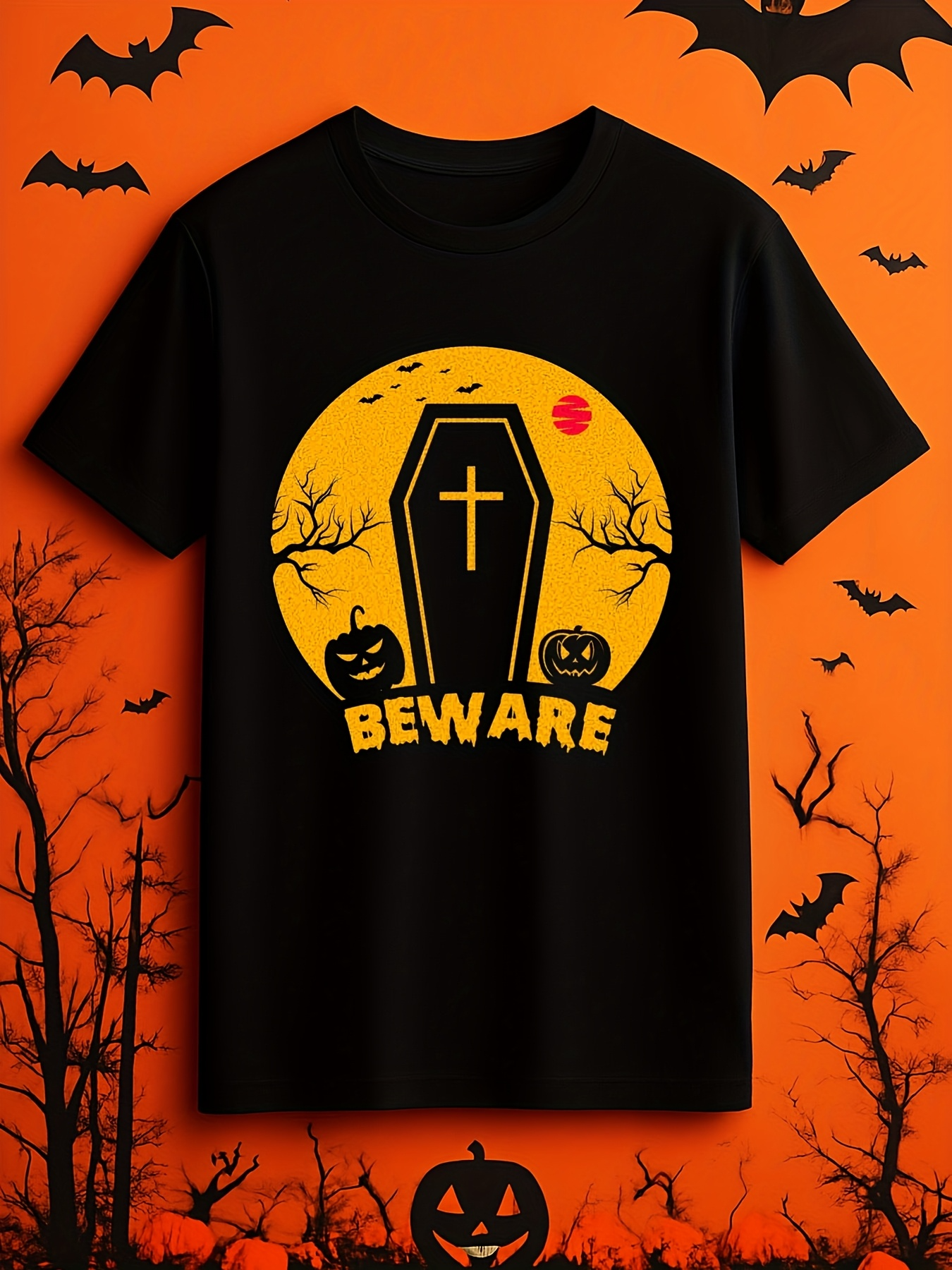 Men's Graphic T-Shirt Beware Glowing Pumpkin Shadows With Creepy Coffin Under Full Moon