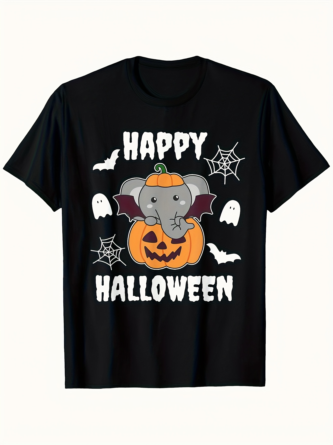 Men's Graphic T-Shirt Happy Halloween Cute Elephant With Pumpkin Bats And Spider Webs