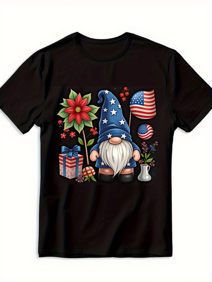 Men's Graphic T-Shirt Patriotic Gnome With Festive Flowers Balloons And Gift Decorations