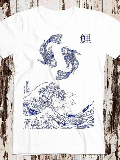 Men's Graphic T-Shirt Blue Water Splash With Detailed Japanese Waves And Two Swimming Koi Fish