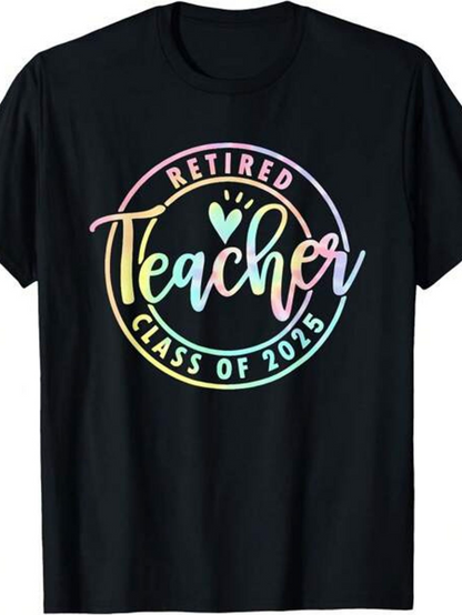 Men's Graphic T-Shirt Retired Teacher Class Of 2025 With Pastel Rainbow Lettering Heart Motif And Circular Frame