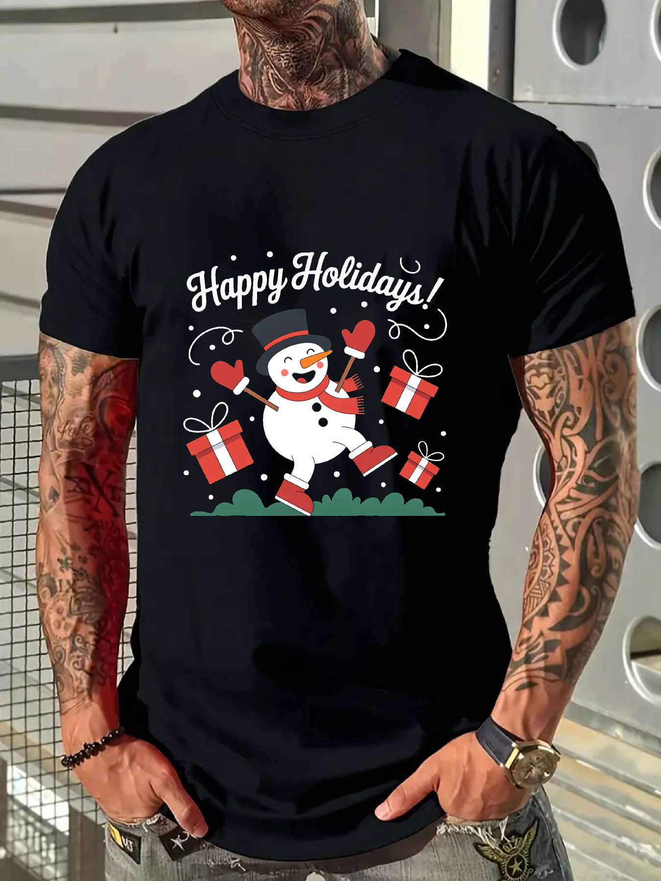 Men's Graphic T-Shirt Happy Holidays Dancing Snowman Surrounded By Presents And Falling Snow