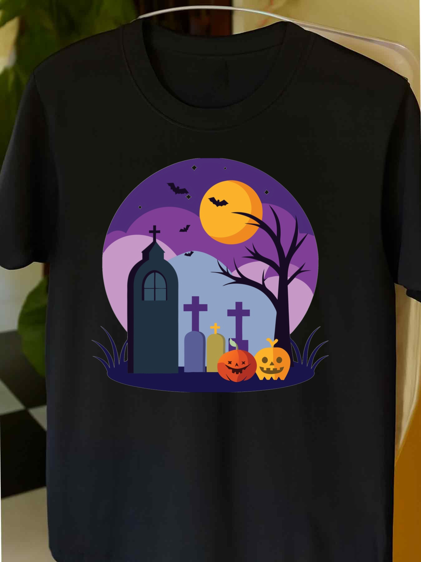 Men's Graphic T-Shirt Pumpkins With Full Moon Bats Tombstones In Haunted Graveyard