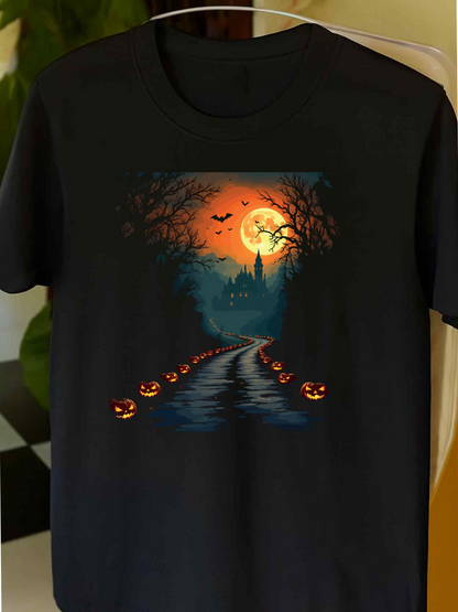 Men's Graphic T-Shirt Glowing Pumpkin Pathway Under Fiery Moonlit Spooky Forest Night