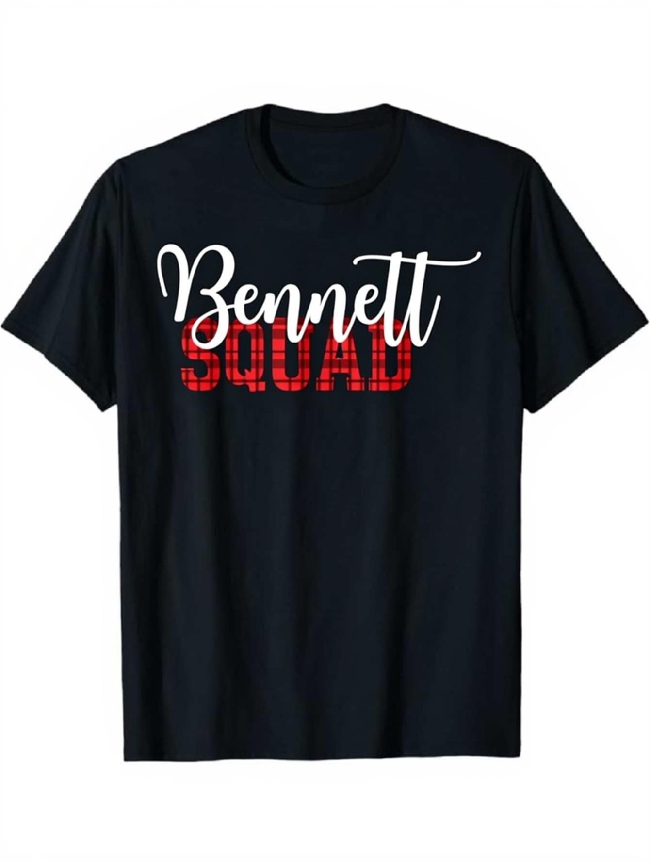 Men's Graphic T-Shirt Bennett Squad Stylish Lettering Over Plaid Print On Black T Shirt