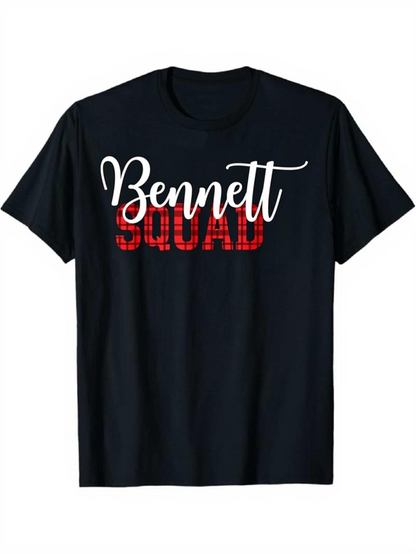 Men's Graphic T-Shirt Bennett Squad Stylish Lettering Over Plaid Print On Black T Shirt
