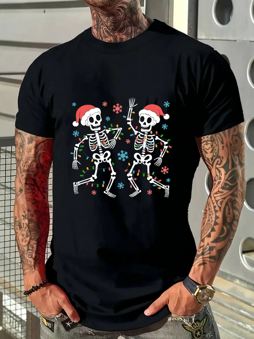 Men's Graphic T-Shirt Dancing Skeletons With Santa Hats Surrounded By Snowflakes Christmas Skeleton
