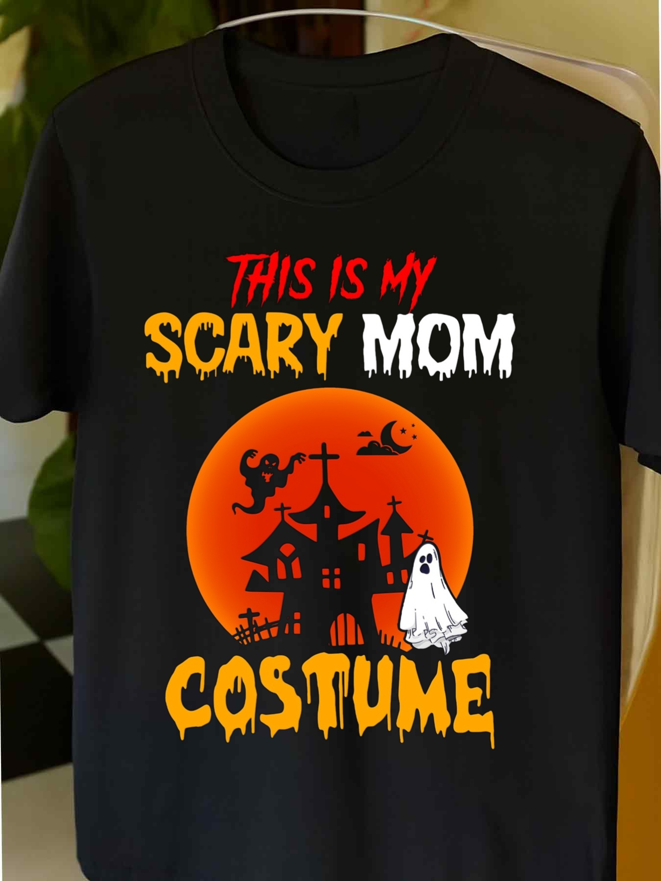 Men's Graphic T-Shirt This Is My Scary Mom Costume Under Haunted House With Ghost And Orange Moon