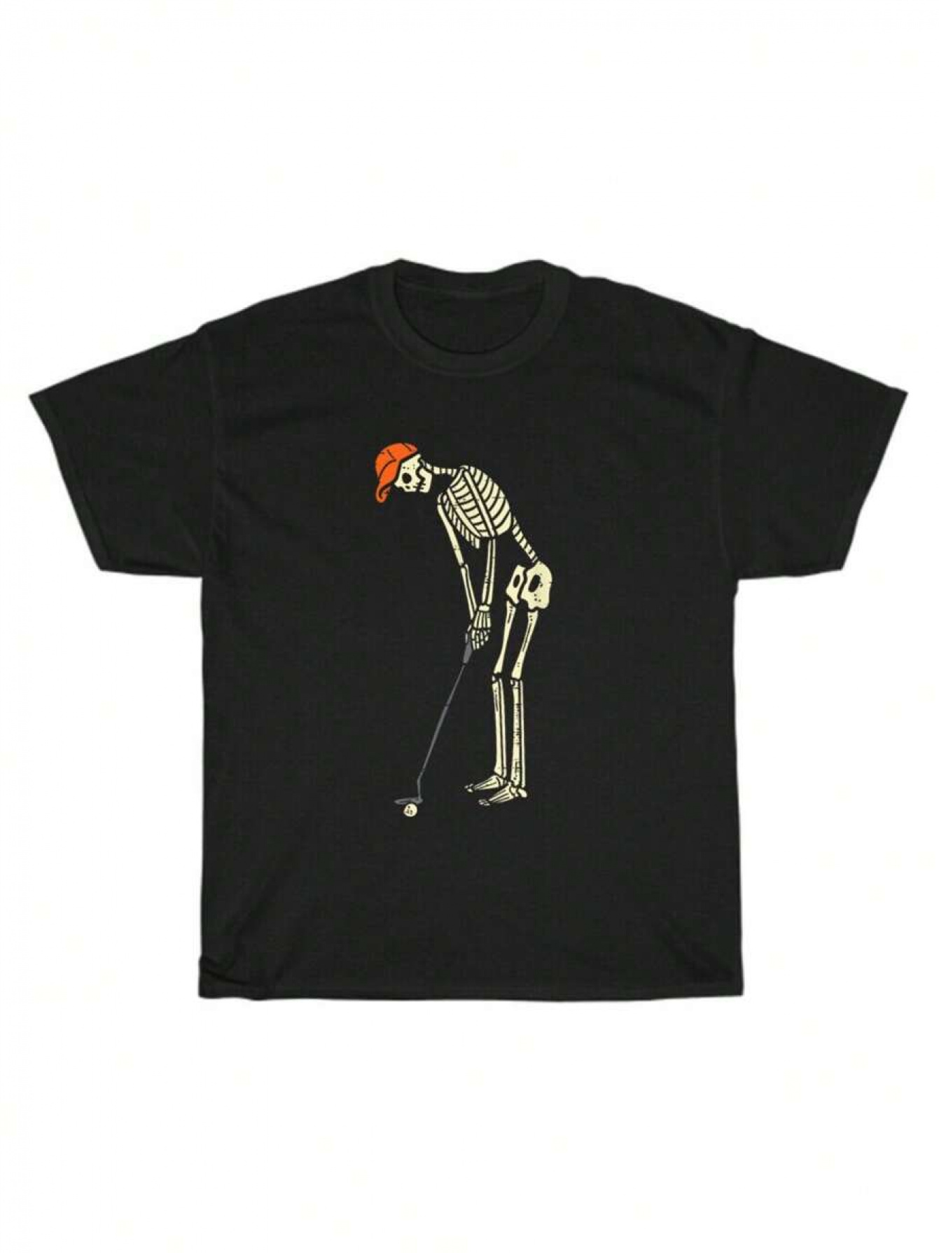 Men's Graphic T-Shirt Vintage Punk Skeleton Playing Golf With Red Cap On Black Tee