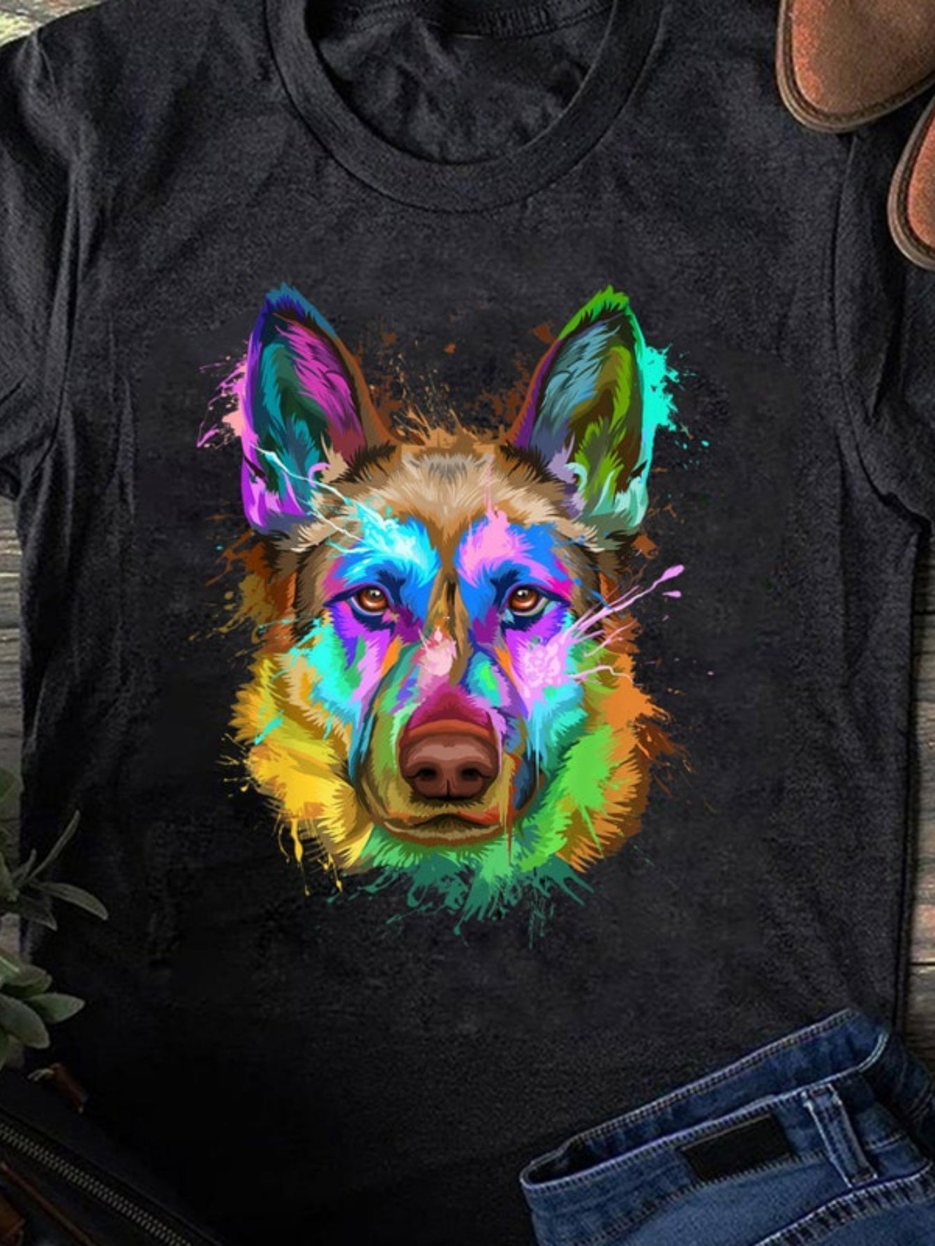 Men's Graphic T-Shirt Vivid Colorful Brush Strokes Forming A Luminous Abstract Wolf