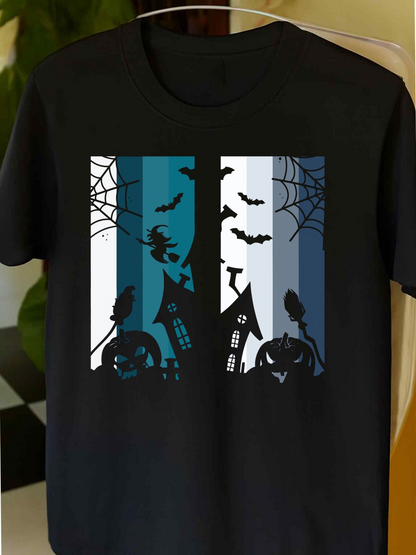 Men's Graphic T-Shirt Haunted Night With Silhouetted Houses Bats Webs And Pumpkins
