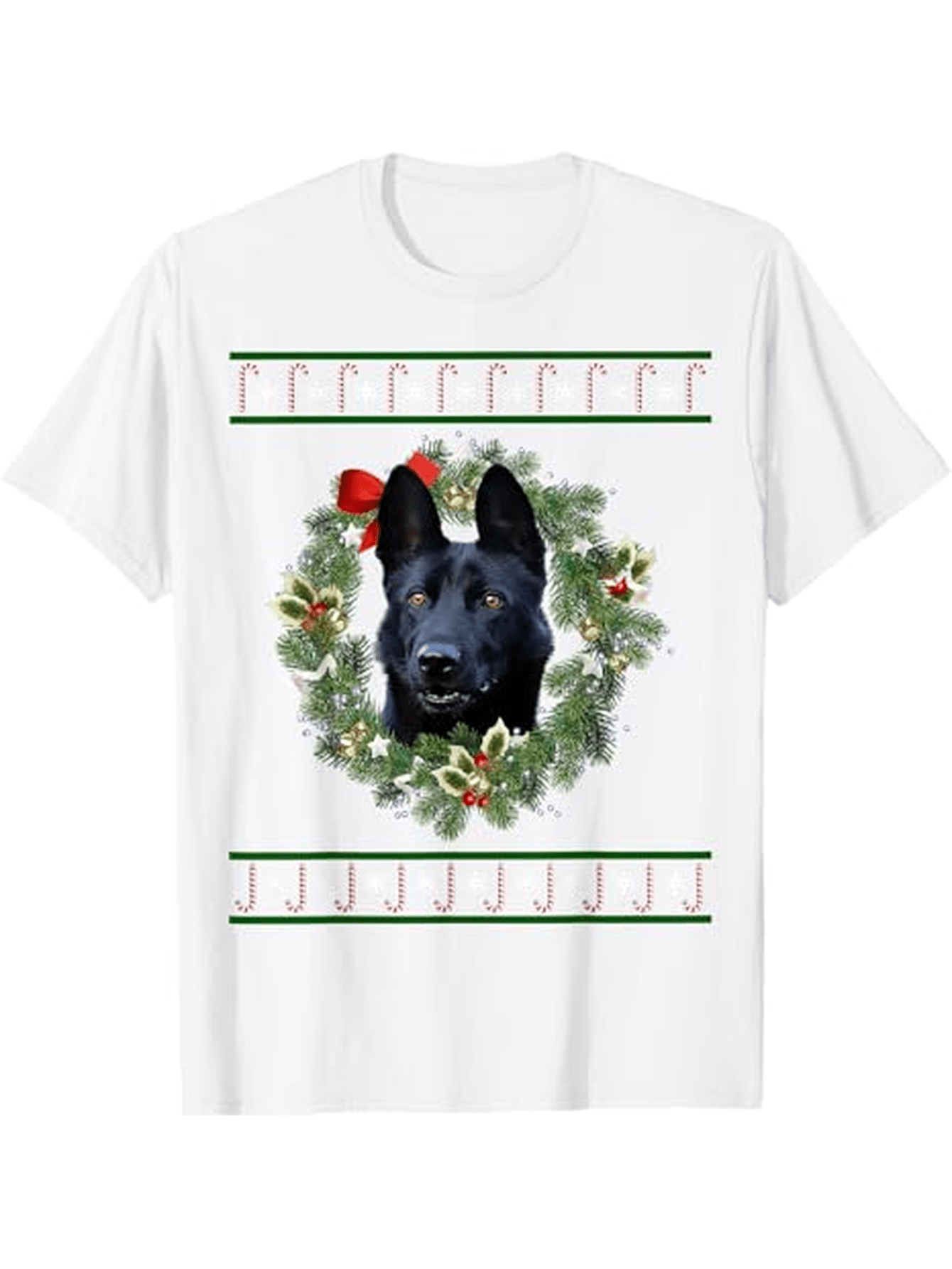 Men's Graphic T-Shirt Holiday Wreath With Red Bow Featuring Black German Shepherd Dog