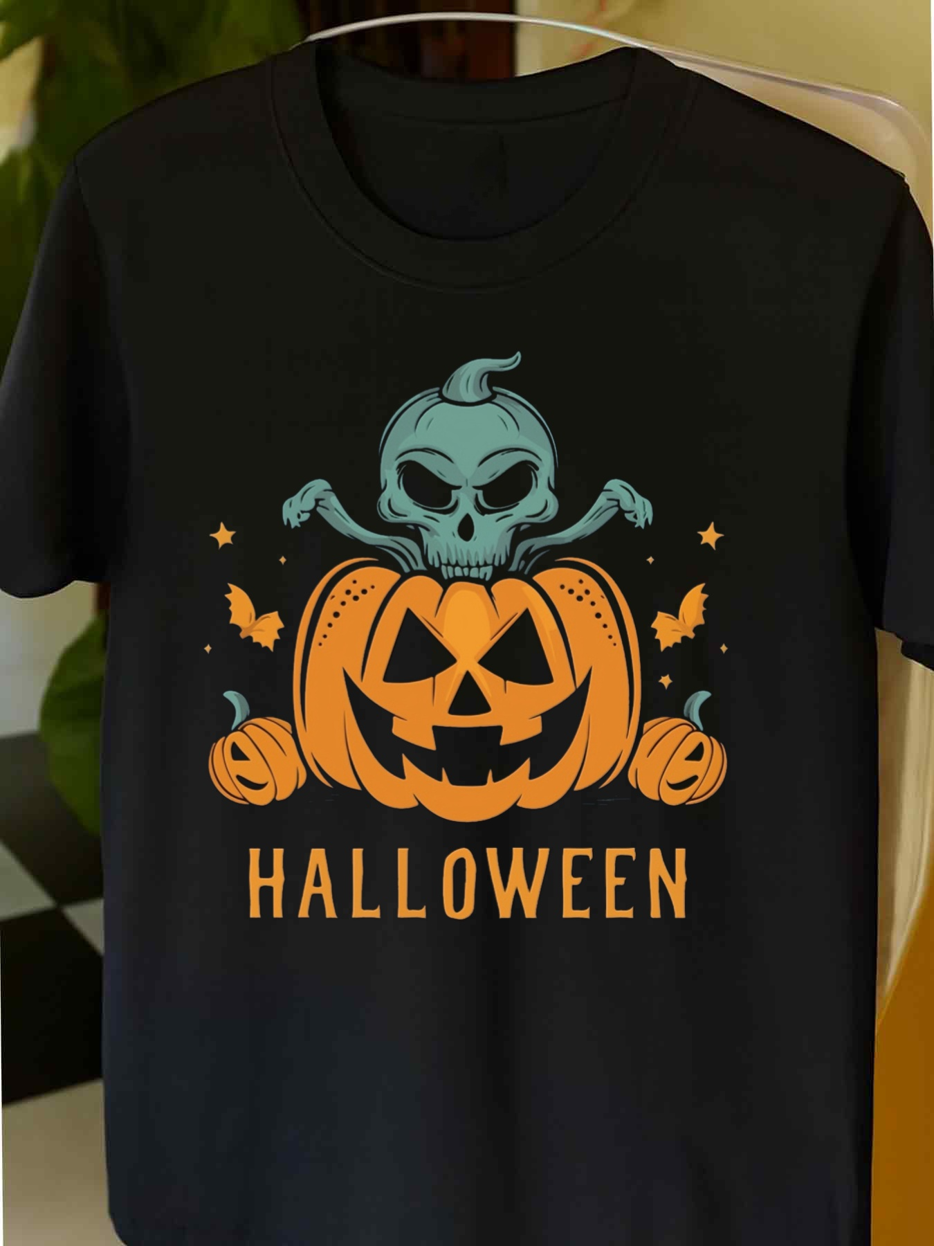 Men's Graphic T-Shirt Halloween Night With Carved Pumpkin And Spooky Blue Skull