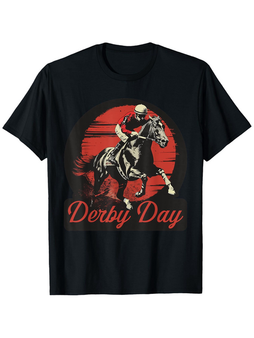 Men's Graphic T-Shirt Derby Day Retro Red Sun With Speeding Horse And Jockey Graphic