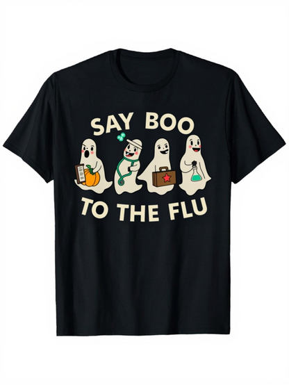 Men's Graphic T-Shirt Say Boo To The Flu Playful Ghosts With Medical Accessories Among Cheerful Halloween Spirits
