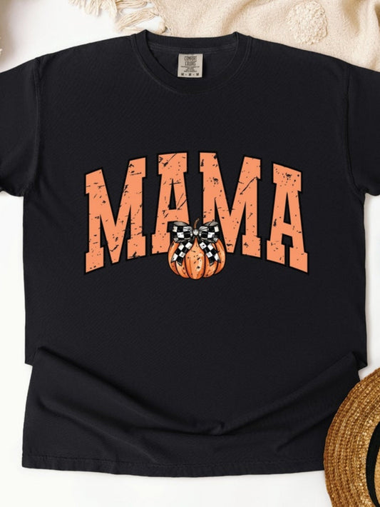 Women's Graphic T-Shirt Bow Tied Pumpkin With Polka Dot Band Surrounded By MAMA Letters