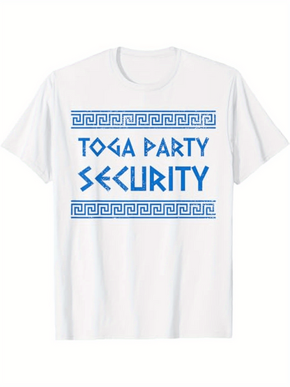 Men's Graphic T-Shirt Toga Party Security Blue Greek Pattern On White Shirt