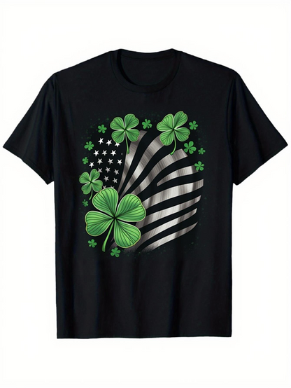 Men's Graphic T-Shirt Patriotic Shamrocks With Waving Black And White American Flag Clover