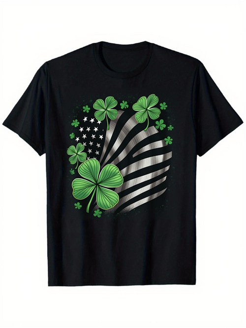 Men's Graphic T-Shirt Patriotic Shamrocks With Waving Black And White American Flag Clover