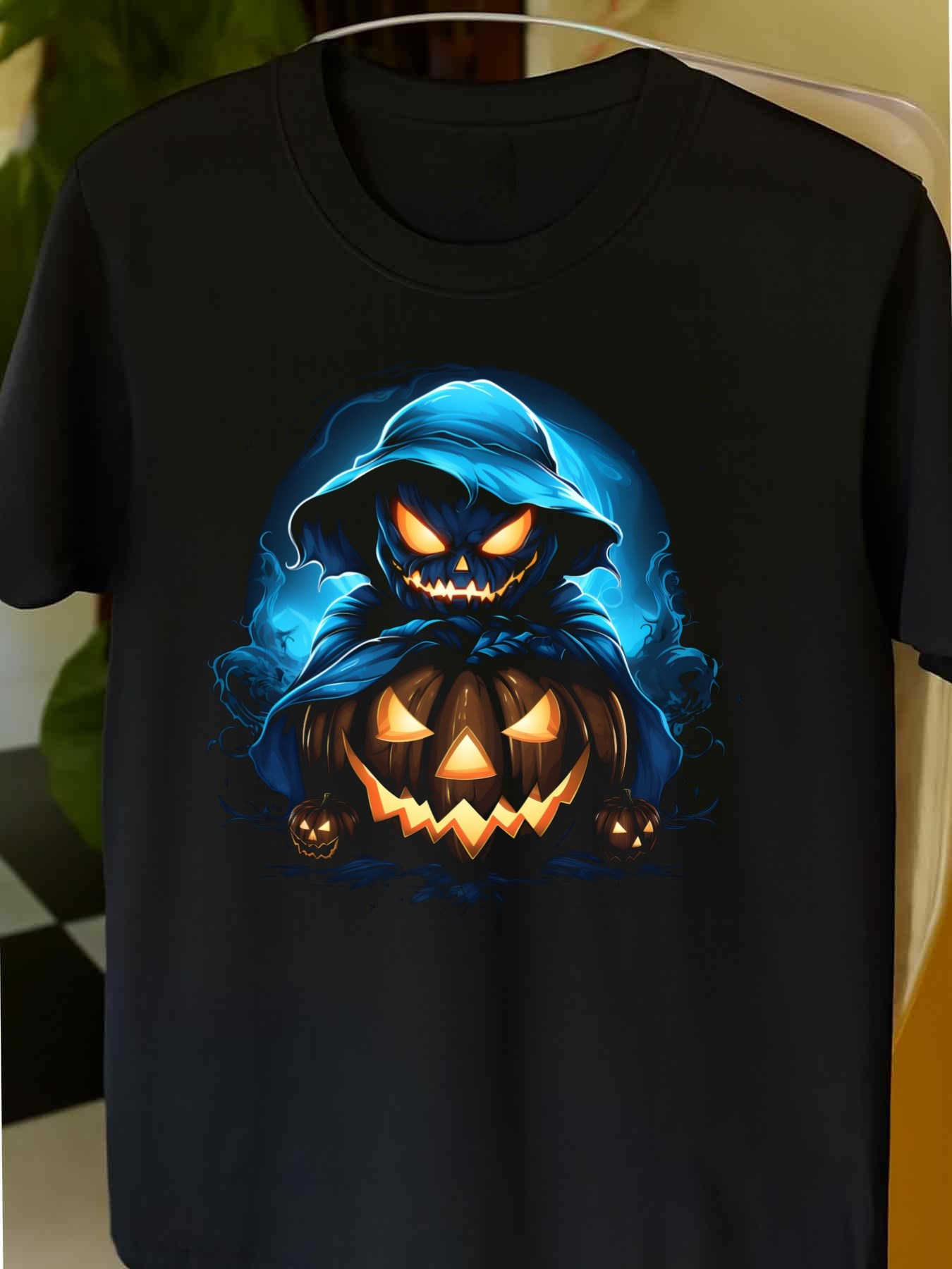 Men's Graphic T-Shirt Glowing Blue Magic Cloak With Spooky Evil Pumpkin Face
