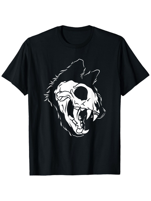 Men's Graphic T-Shirt Shadow Silhouette With Bone Details Among Fierce Sharp Teeth Wolf Skull