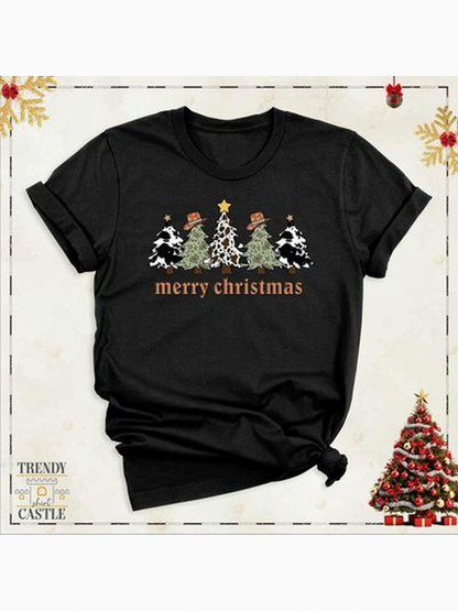 Men's Graphic T-Shirt Merry Christmas With Snowmen Surrounded By Trees And Snowflakes Under Golden Star