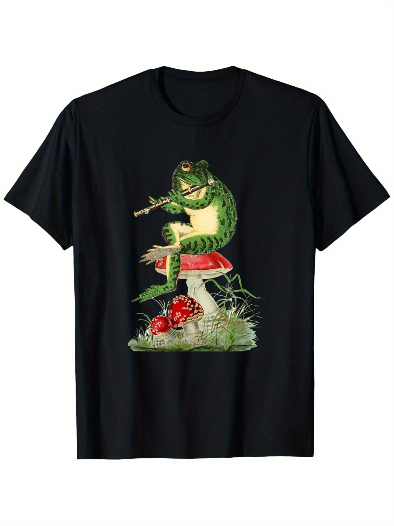 Men's Graphic T-Shirt Vintage Frog Playing Flute Sitting On Red Mushroom