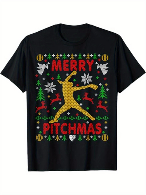 Men's Graphic T-Shirt Merry Pitchmas Christmas Trees Doves And Baseball Pitcher