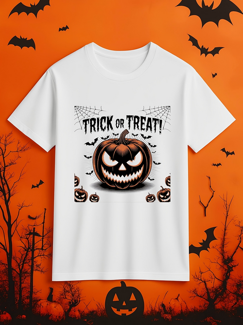 Men's Graphic T-Shirt Trick Or Treat Smiling Pumpkins And Bats Beneath Halloween Web Pumpkin
