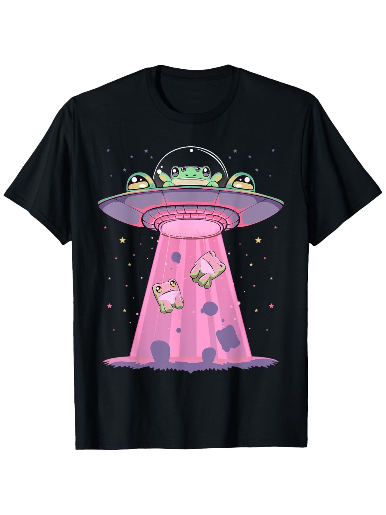 Men's Graphic T-Shirt Pastel Colored UFO With Frogs And Floating Cows Under Starry Night Sky Spaceship