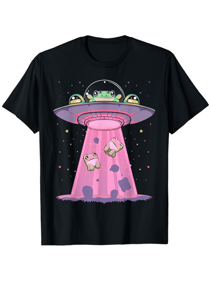 Men's Graphic T-Shirt Pastel Colored UFO With Frogs And Floating Cows Under Starry Night Sky Spaceship