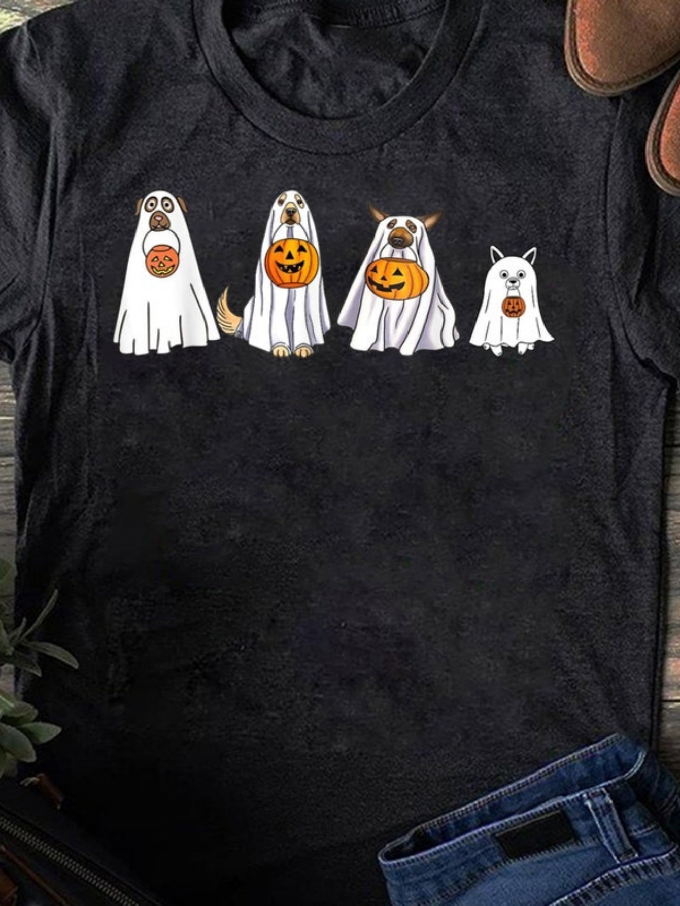 Men's Graphic T-Shirt Playful Cartoon Dogs Dressed As Halloween Ghosts Holding Pumpkin Buckets