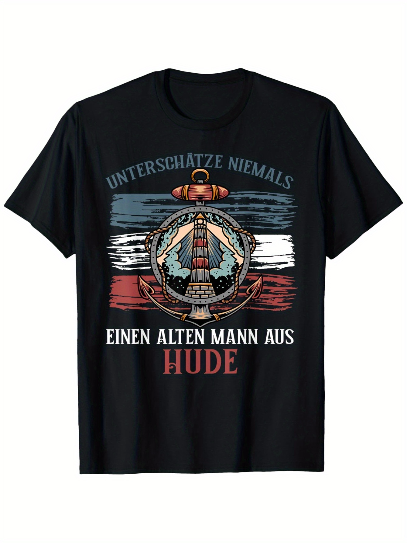 Men's Graphic T-Shirt Lighthouse On Weathered Brushstroke Background With Vintage Nautical Compass