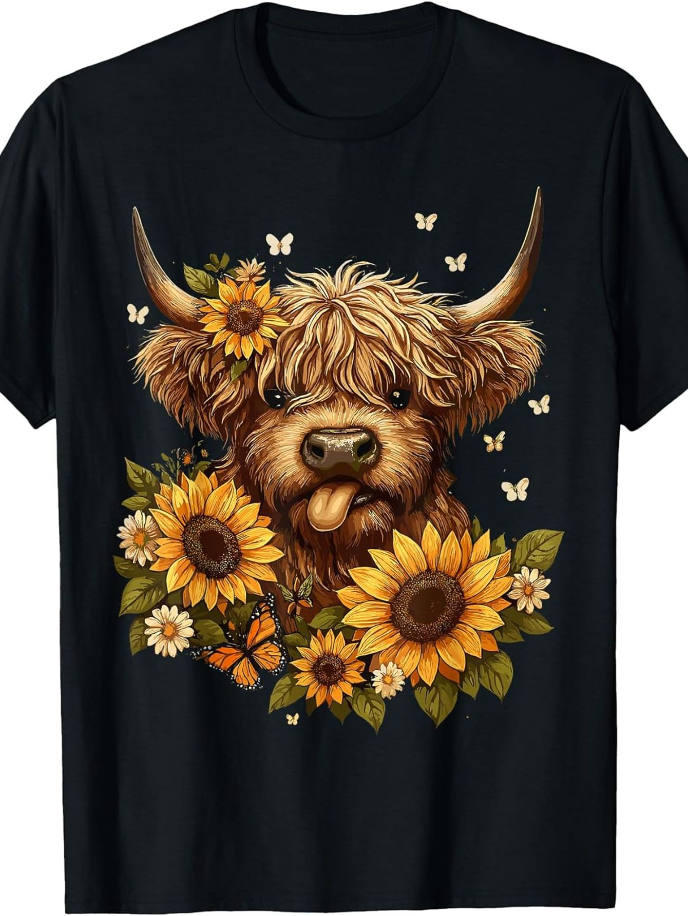 Men's Graphic T-Shirt Happy Sunflower Garden Surrounding Smiling Cow With Gentle Butterflies