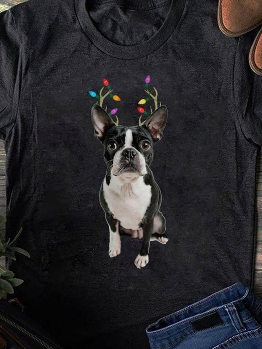 Women's Graphic T-Shirt Boston Terrier Wearing Antlers With Colorful Christmas Lights Dog