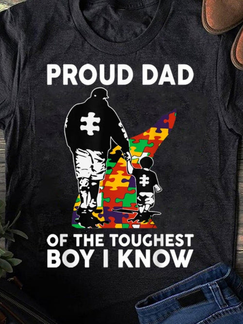 Men's Graphic T-Shirt Proud Dad Holding Hands With Child Among Colorful Puzzle Pieces Boy