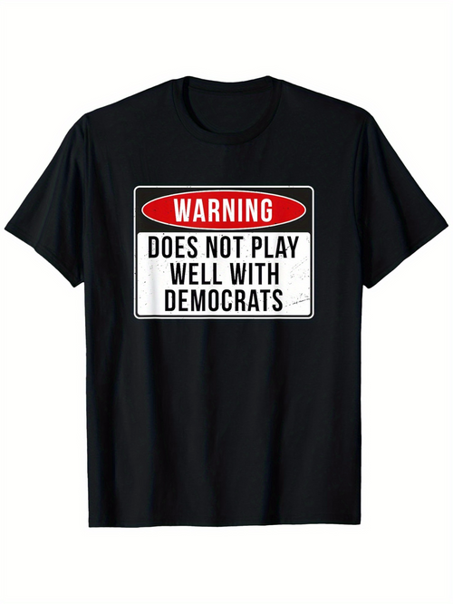Men's Graphic T-Shirt Warning Bold Text Framed In Red And Black White Label