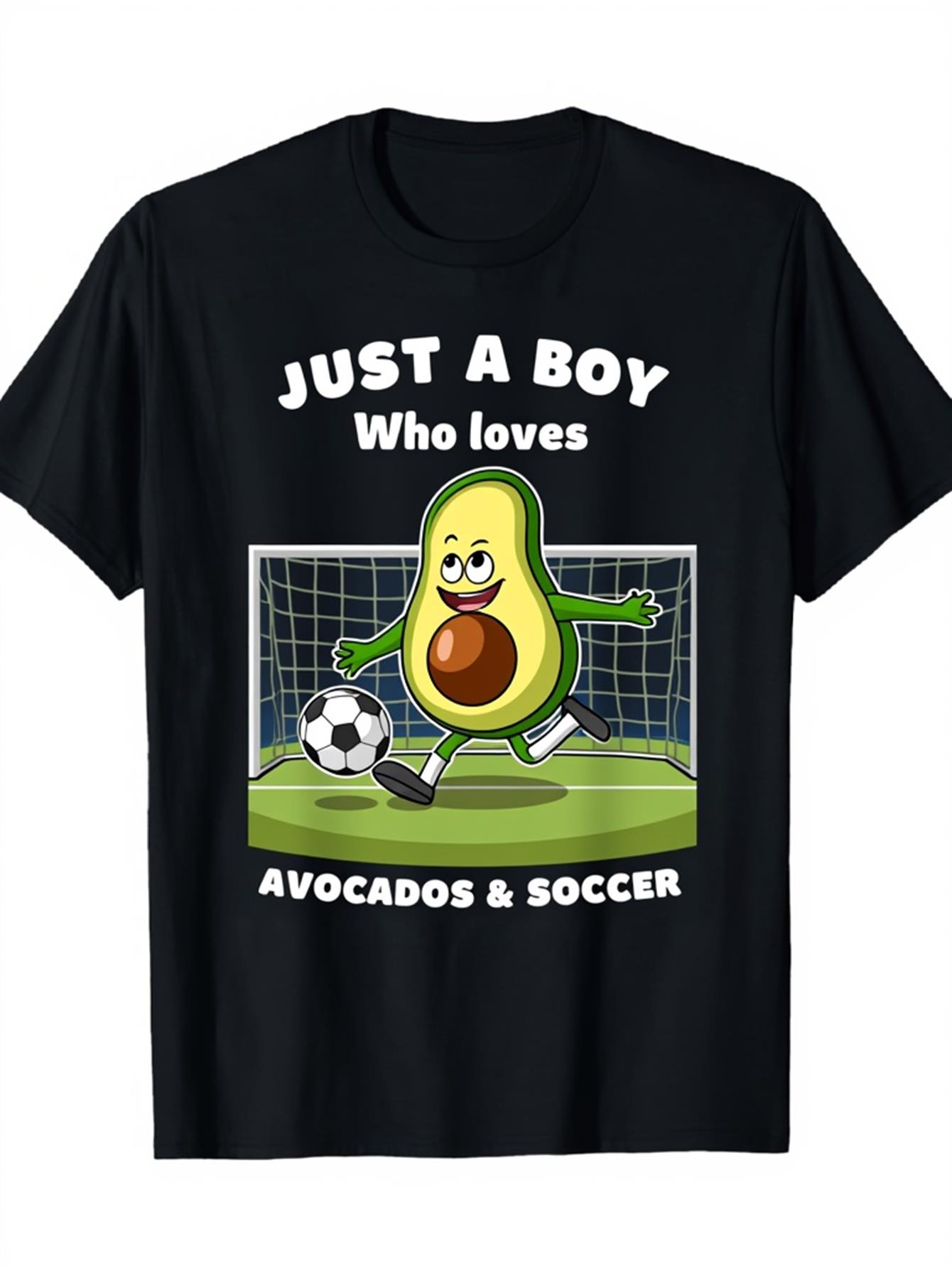 Men's Graphic T-Shirt Just A Boy Who Loves Avocados And Soccer Playful Cartoon Avocado Among Green Grass And Soccer Goal