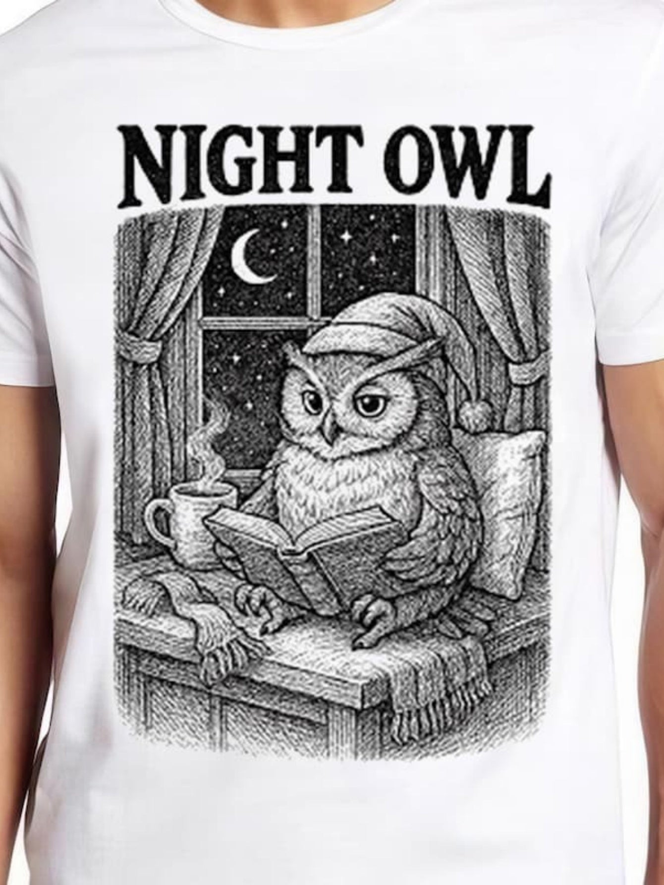 Men's Graphic T-Shirt Night Owl Reading With Steam Rising Beside Moonlit Window Cute Owl