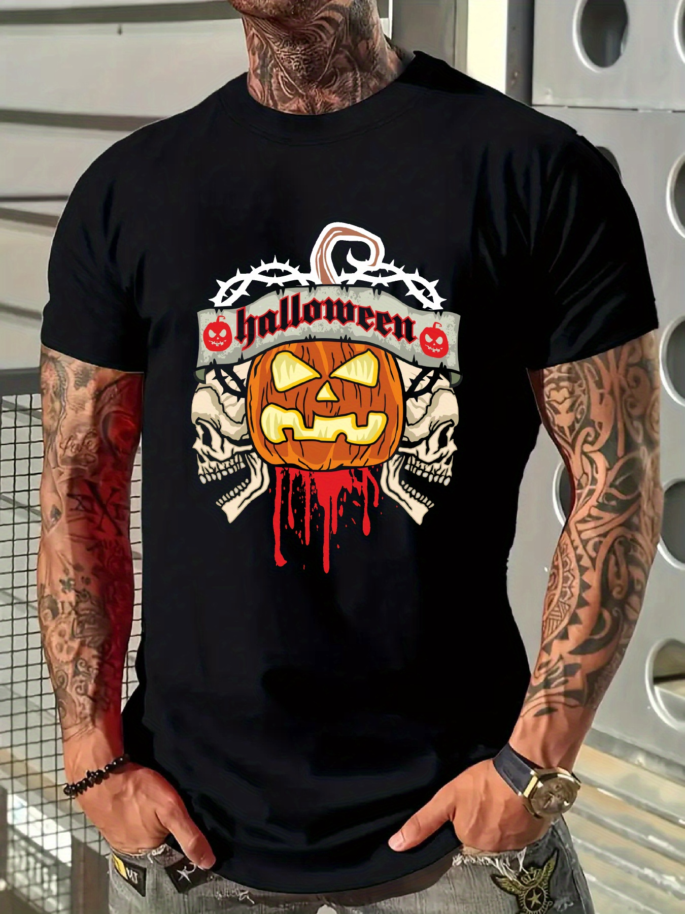 Men's Graphic T-Shirt Halloween Dripping Blood Among Skulls And Bright Carved Pumpkin