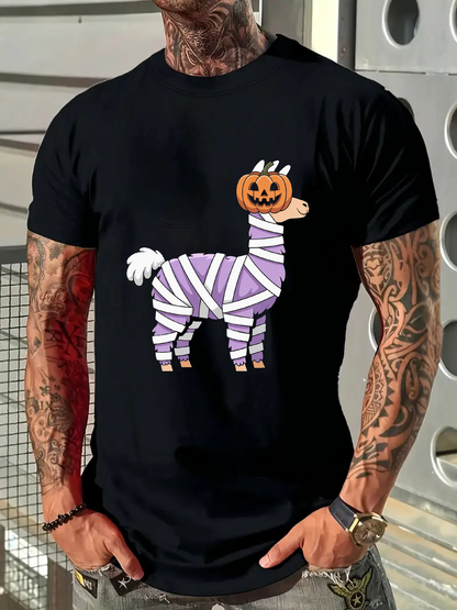 Men's Graphic T-Shirt Halloween Striped Animal With Pumpkin Head Llama