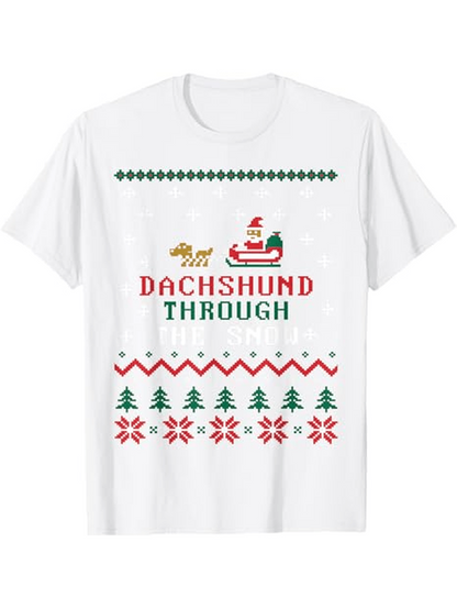 Men's Graphic T-Shirt Dachshund Through With Christmas Trees Santa Sleigh Dogs