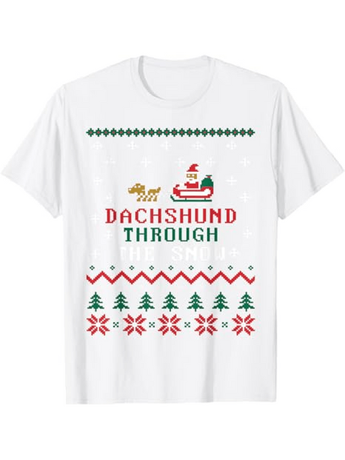 Men's Graphic T-Shirt Dachshund Through With Christmas Trees Santa Sleigh Dogs